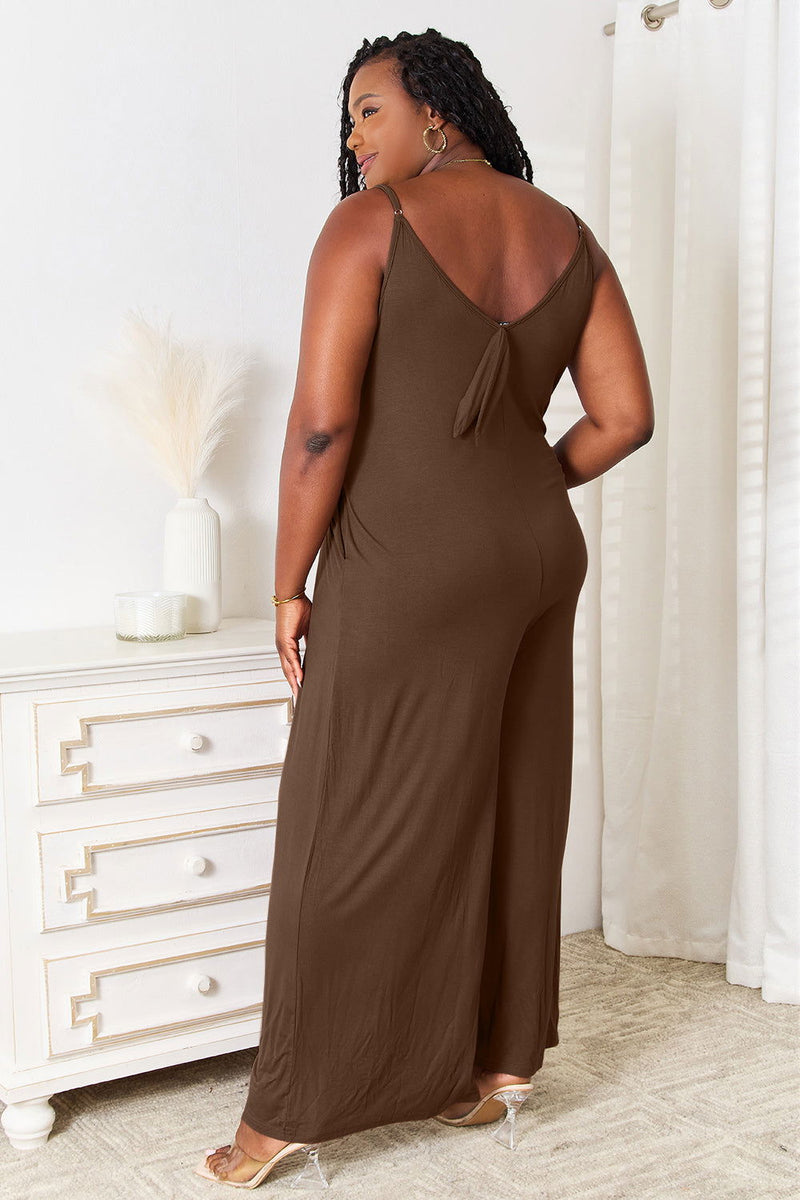 Double Take Full Size Soft Rayon Spaghetti Strap Tied Wide Leg Jumpsuit - ShopEbonyMonique
