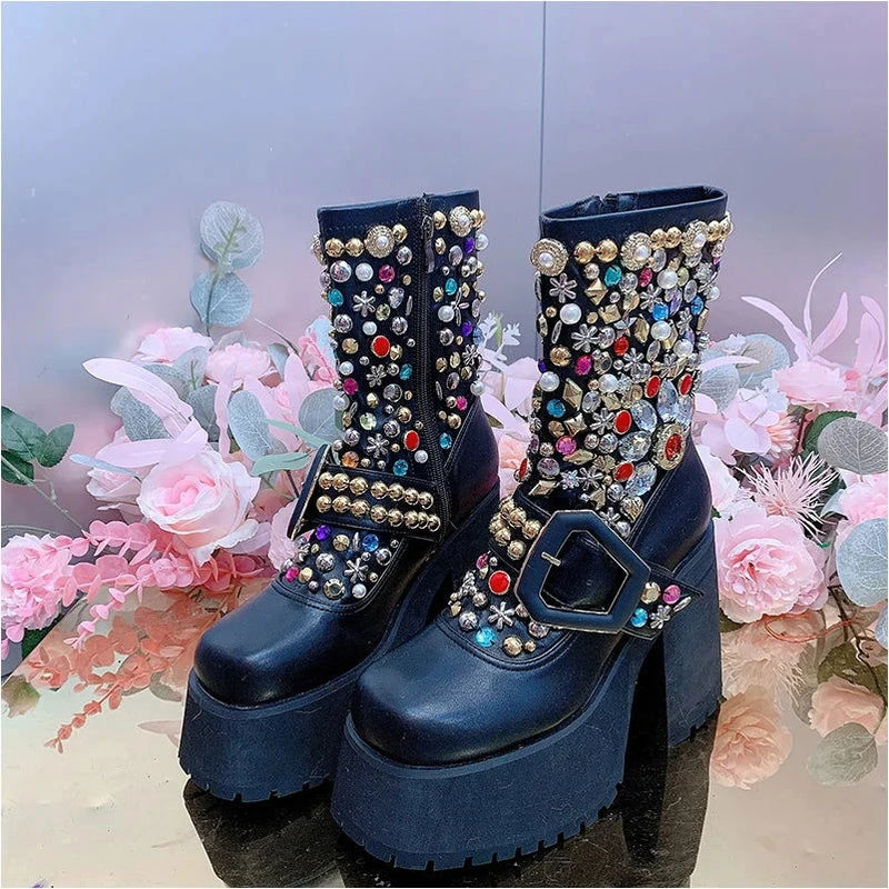 EM Designer Sequins Rivet Beading  Leather Boots - ShopEbonyMonique