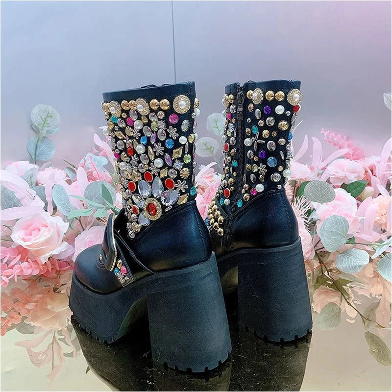EM Designer Sequins Rivet Beading  Leather Boots - ShopEbonyMonique