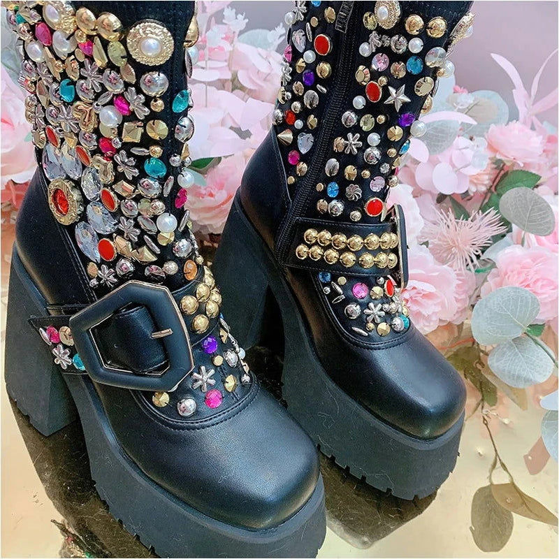 EM Designer Sequins Rivet Beading  Leather Boots - ShopEbonyMonique