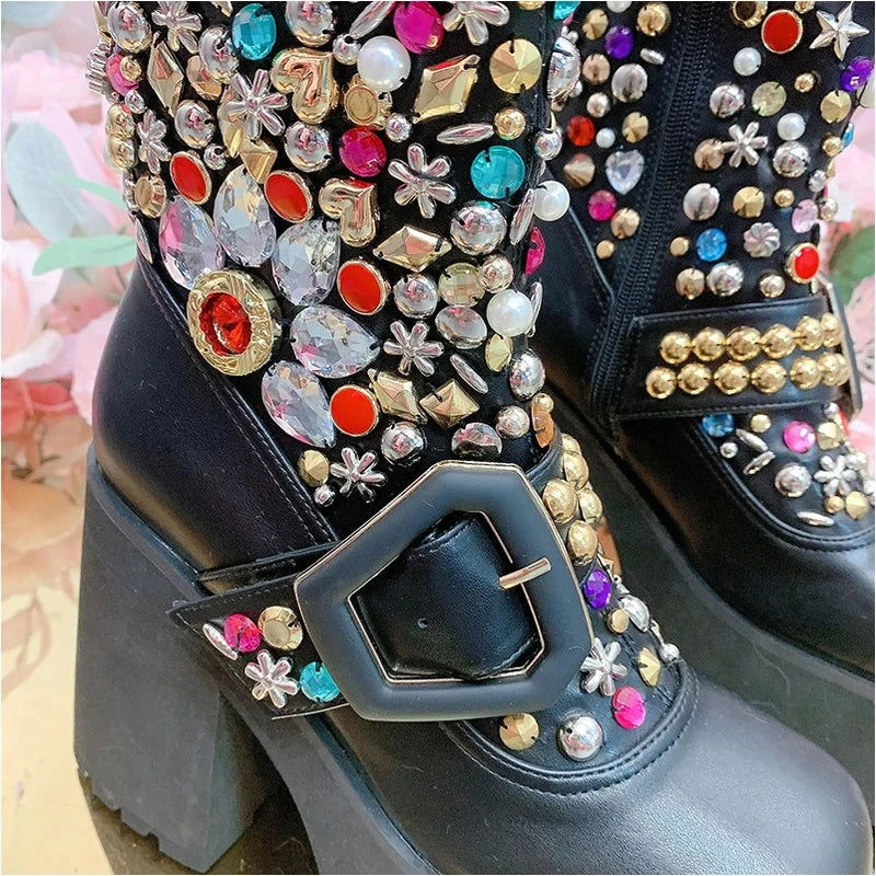 EM Designer Sequins Rivet Beading  Leather Boots - ShopEbonyMonique