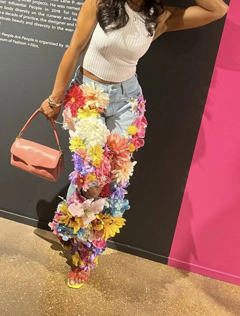 EM Designer  3D Flowers Jeans Women Denim Pants Size S-5XL - ShopEbonyMonique