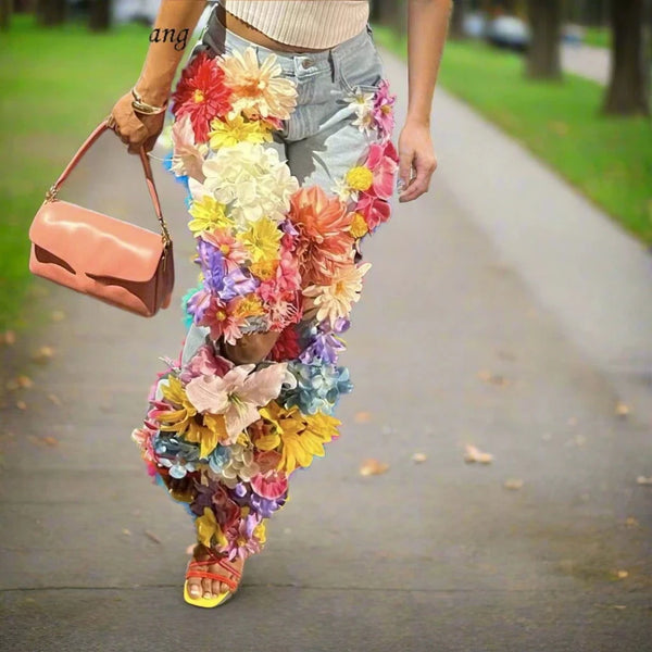EM Designer  3D Flowers Jeans Women Denim Pants Size S-5XL - ShopEbonyMonique