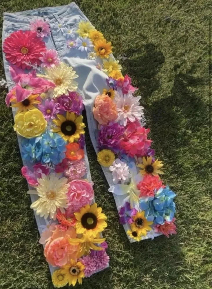 EM Designer  3D Flowers Jeans Women Denim Pants Size S-5XL - ShopEbonyMonique