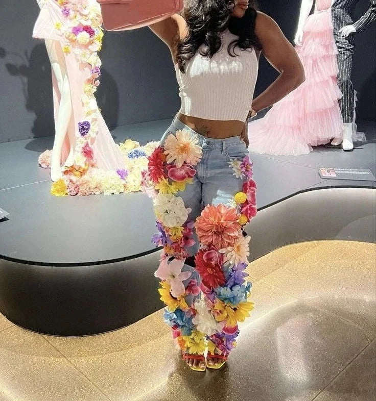 EM Designer  3D Flowers Jeans Women Denim Pants Size S-5XL - ShopEbonyMonique