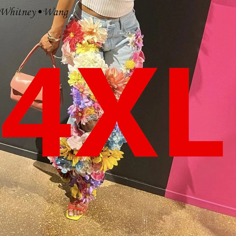 EM Designer  3D Flowers Jeans Women Denim Pants Size S-5XL - ShopEbonyMonique