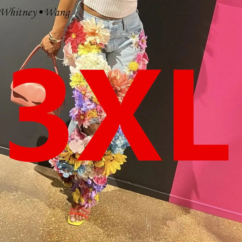EM Designer  3D Flowers Jeans Women Denim Pants Size S-5XL - ShopEbonyMonique