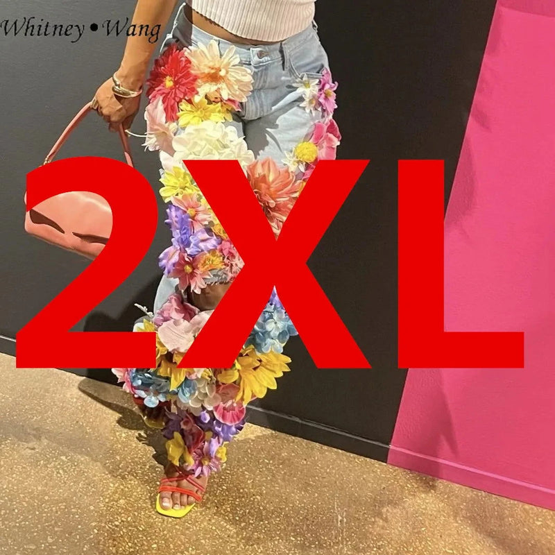 EM Designer  3D Flowers Jeans Women Denim Pants Size S-5XL - ShopEbonyMonique