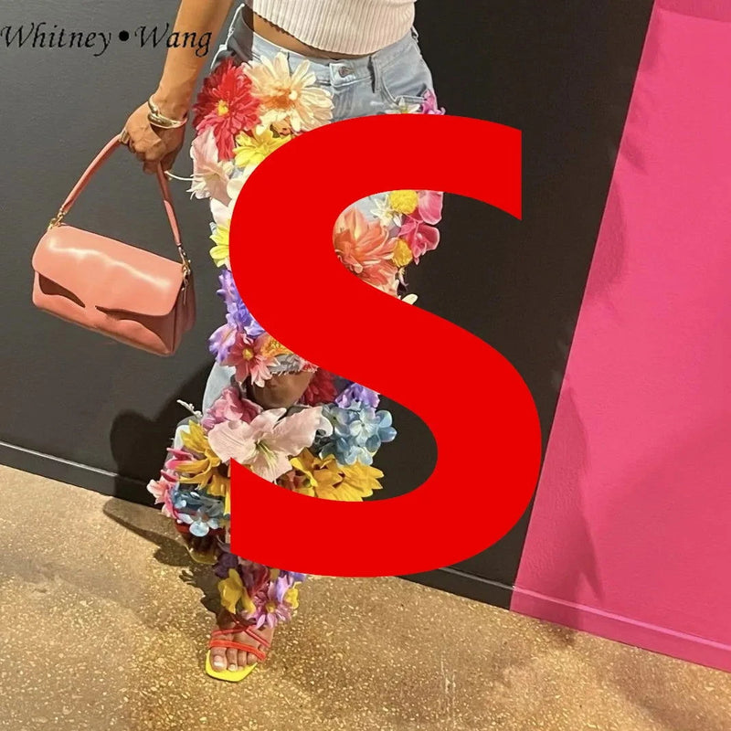 EM Designer  3D Flowers Jeans Women Denim Pants Size S-5XL - ShopEbonyMonique