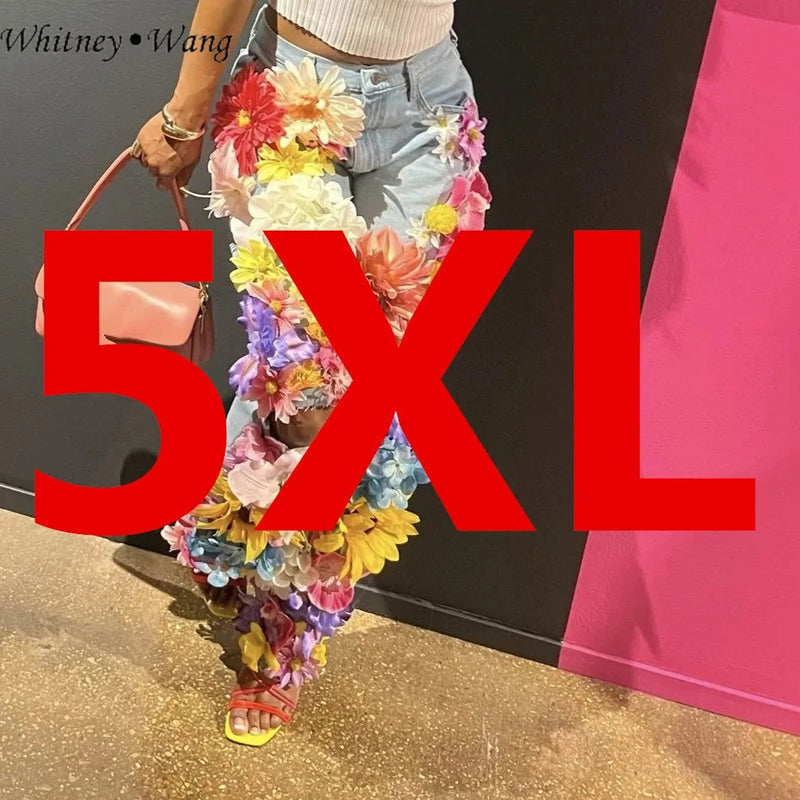 EM Designer  3D Flowers Jeans Women Denim Pants Size S-5XL - ShopEbonyMonique