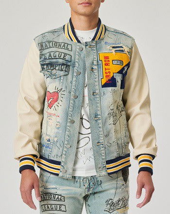 EM Hand Drawing Leather Sleeves Denim Varsity Jacket - ShopEbonyMonique
