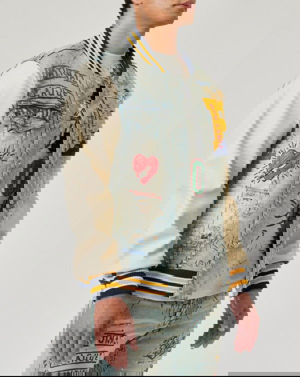 EM Hand Drawing Leather Sleeves Denim Varsity Jacket - ShopEbonyMonique