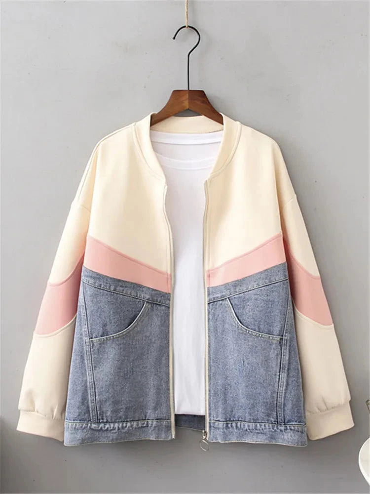EM Long Sleeved Denim And Multicolor Panels Casual Jacket - ShopEbonyMonique