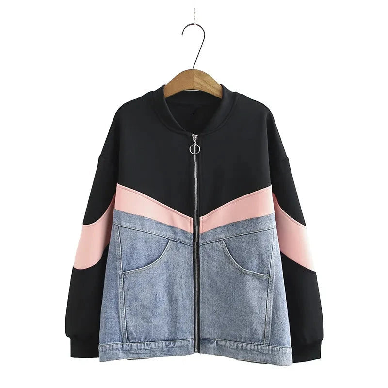 EM Long Sleeved Denim And Multicolor Panels Casual Jacket - ShopEbonyMonique