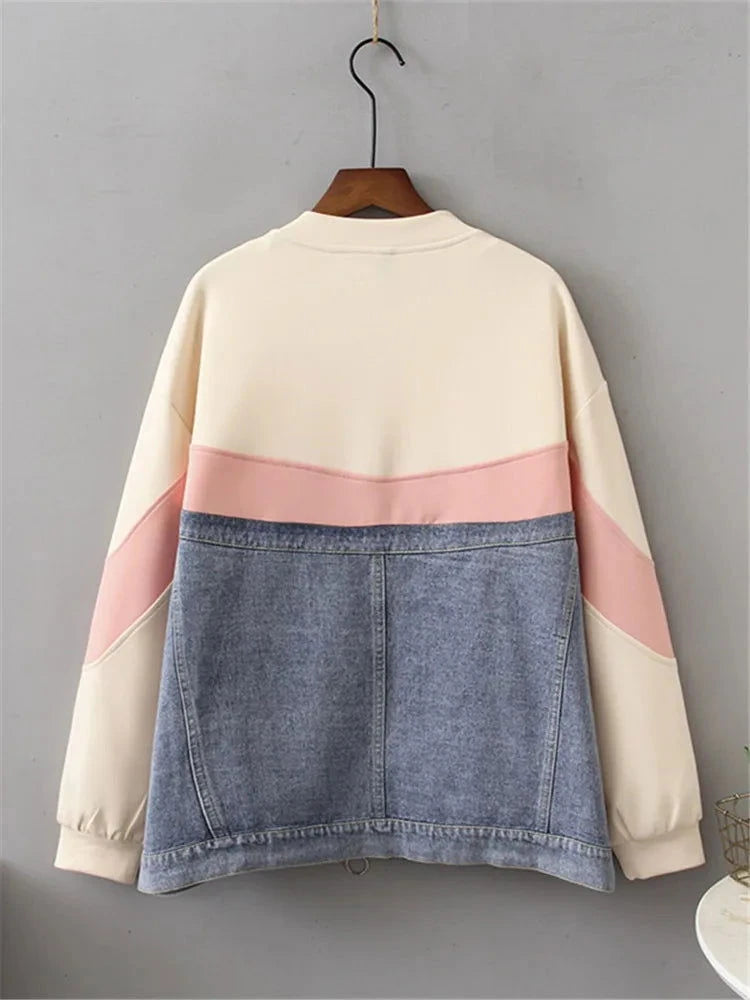 EM Long Sleeved Denim And Multicolor Panels Casual Jacket - ShopEbonyMonique