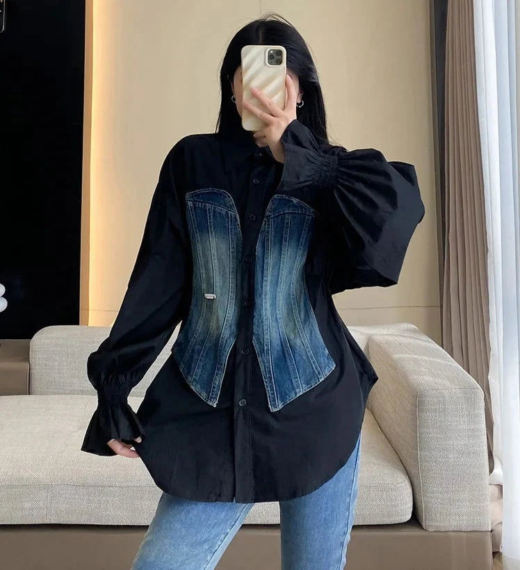 EM Patchwork Denim Waist  Shirt - ShopEbonyMonique