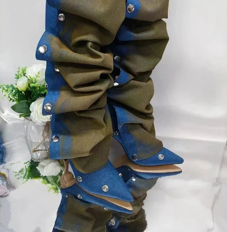 EM Pleated Mixed Knee-High Stiletto Boots - ShopEbonyMonique