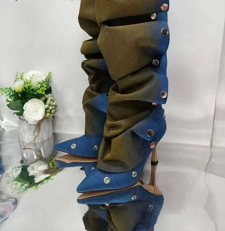 EM Pleated Mixed Knee-High Stiletto Boots - ShopEbonyMonique