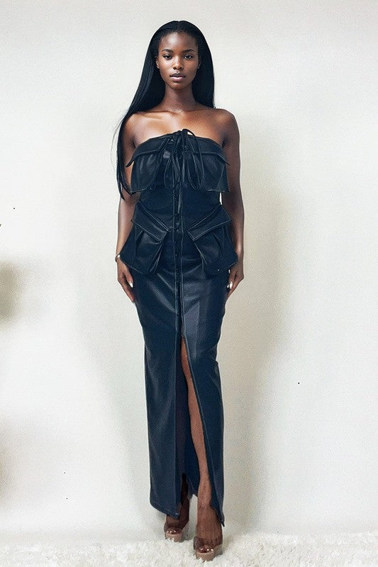 EM button detailed PU black leather dress - ShopEbonyMonique