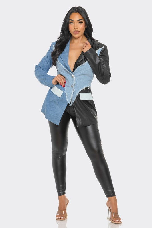 Edgy Denim and Leather Patchwork Blazer - ShopEbonyMonique