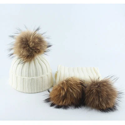 Fashion Children Winter Pompom Beanie Hat w/Scarf - ShopEbonyMonique