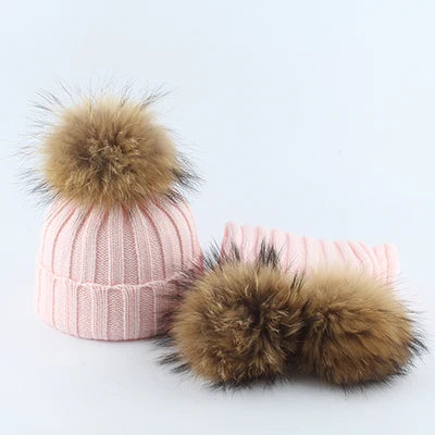 Fashion Children Winter Pompom Beanie Hat w/Scarf - ShopEbonyMonique