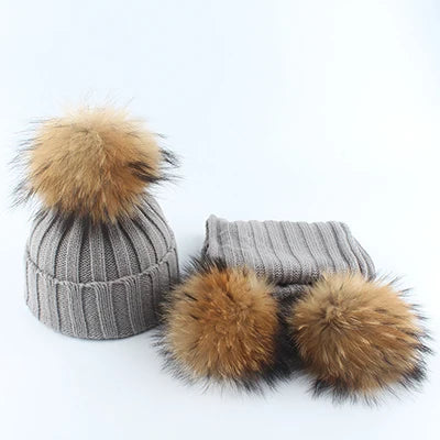 Fashion Children Winter Pompom Beanie Hat w/Scarf - ShopEbonyMonique