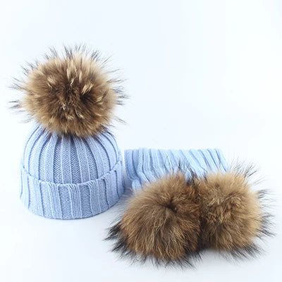 Fashion Children Winter Pompom Beanie Hat w/Scarf - ShopEbonyMonique