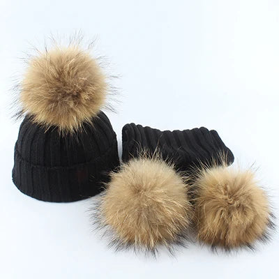 Fashion Children Winter Pompom Beanie Hat w/Scarf - ShopEbonyMonique