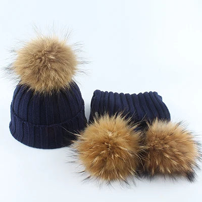 Fashion Children Winter Pompom Beanie Hat w/Scarf - ShopEbonyMonique