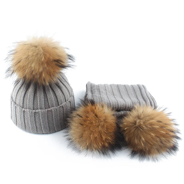 Fashion Children Winter Pompom Beanie Hat w/Scarf - ShopEbonyMonique