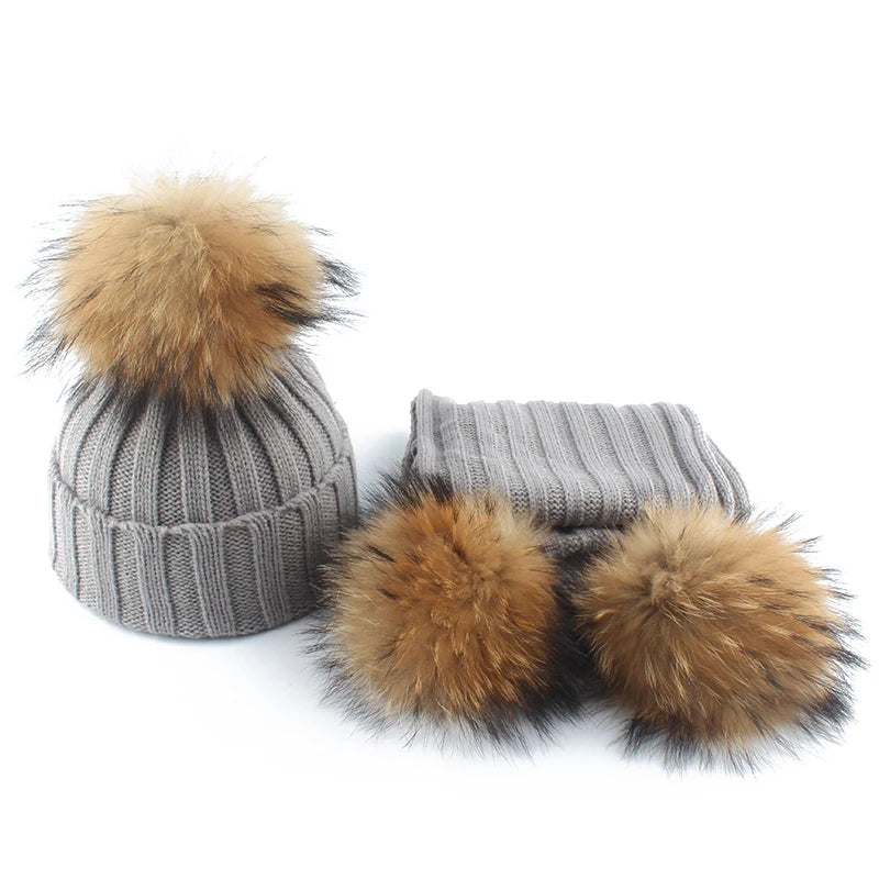 Fashion Children Winter Pompom Beanie Hat w/Scarf - ShopEbonyMonique