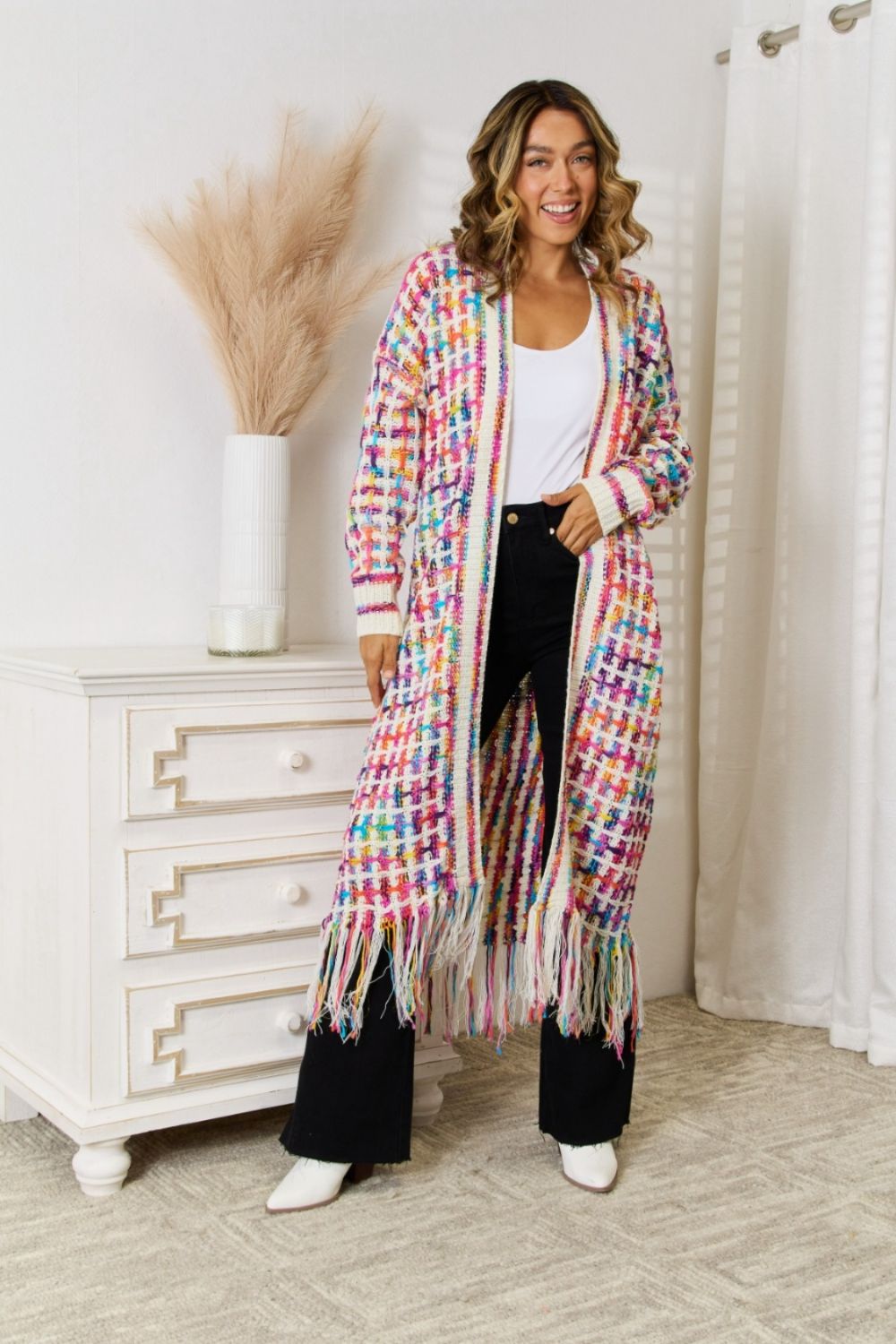 Multicolored Open Front Fringe Hem Cardigan - ShopEbonyMonique