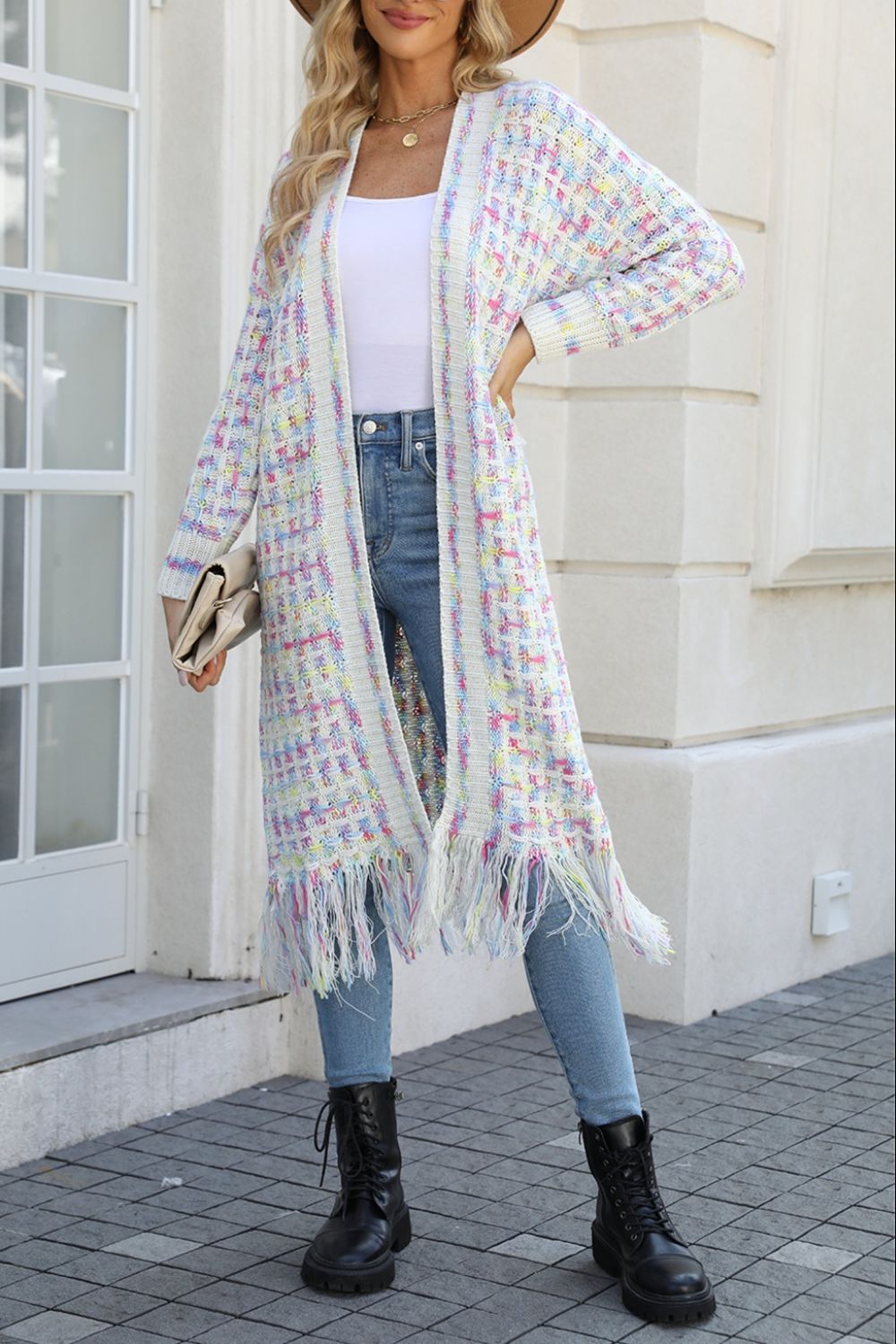 Multicolored Open Front Fringe Hem Cardigan - ShopEbonyMonique