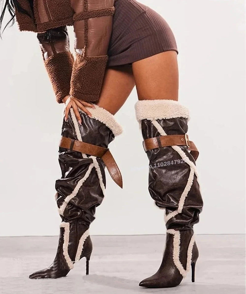 Patchwork Plush Leather Over The Knee Boots - ShopEbonyMonique