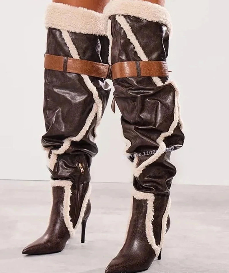 Patchwork Plush Leather Over The Knee Boots - ShopEbonyMonique