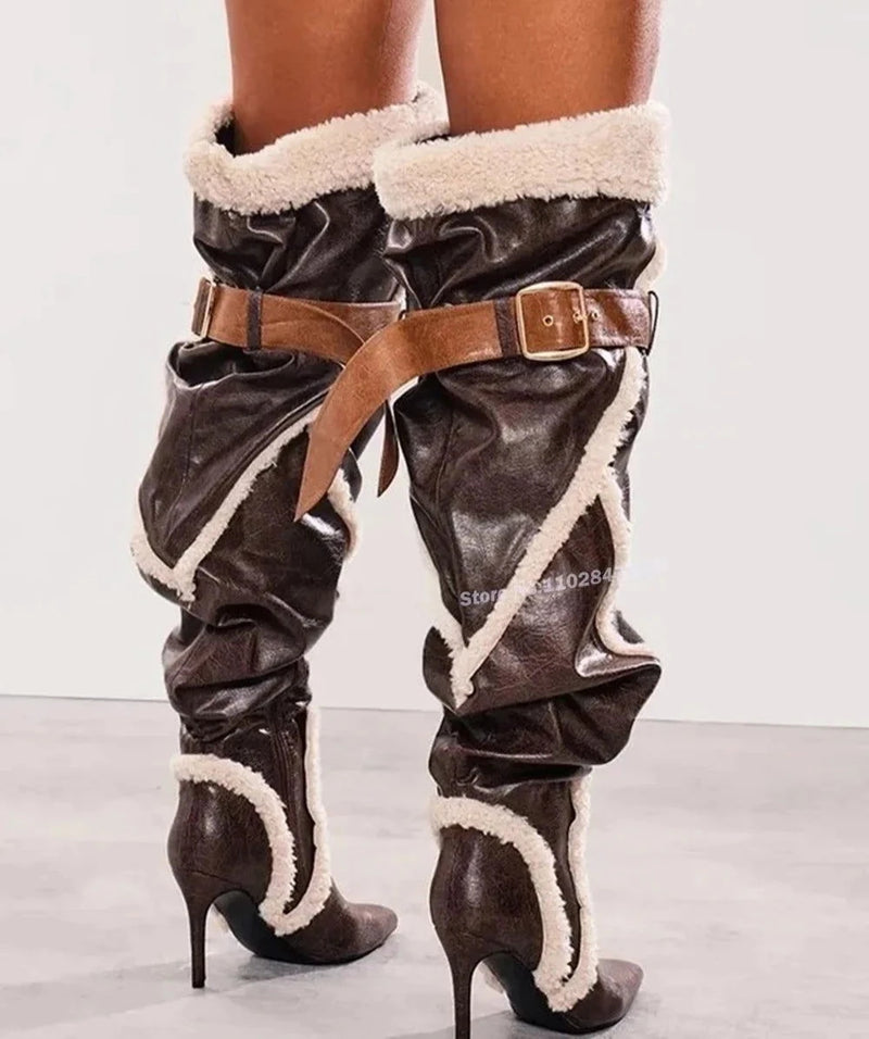 Patchwork Plush Leather Over The Knee Boots - ShopEbonyMonique