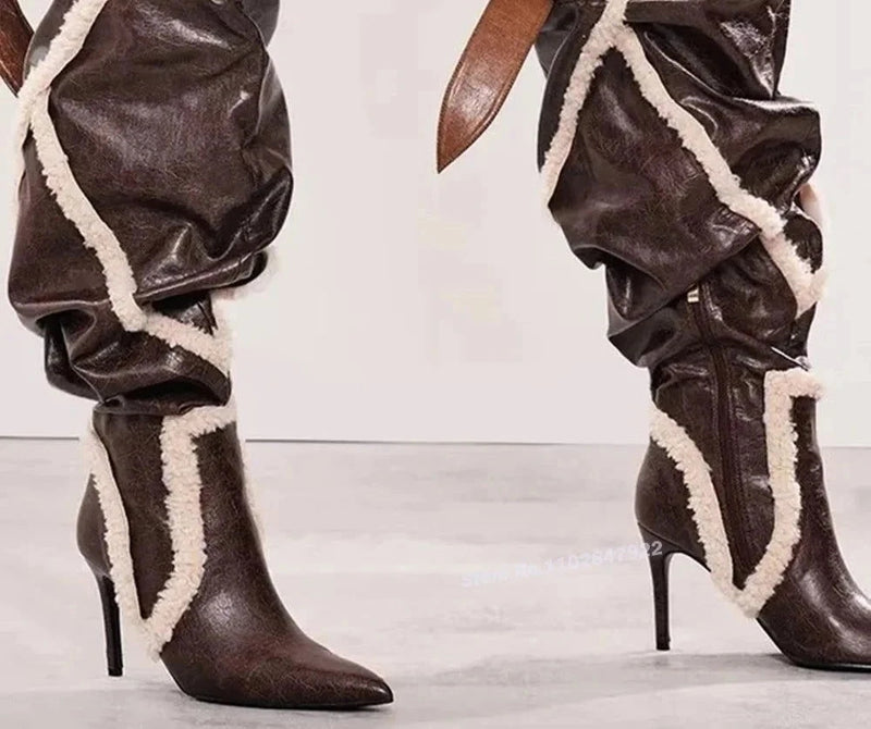 Patchwork Plush Leather Over The Knee Boots - ShopEbonyMonique