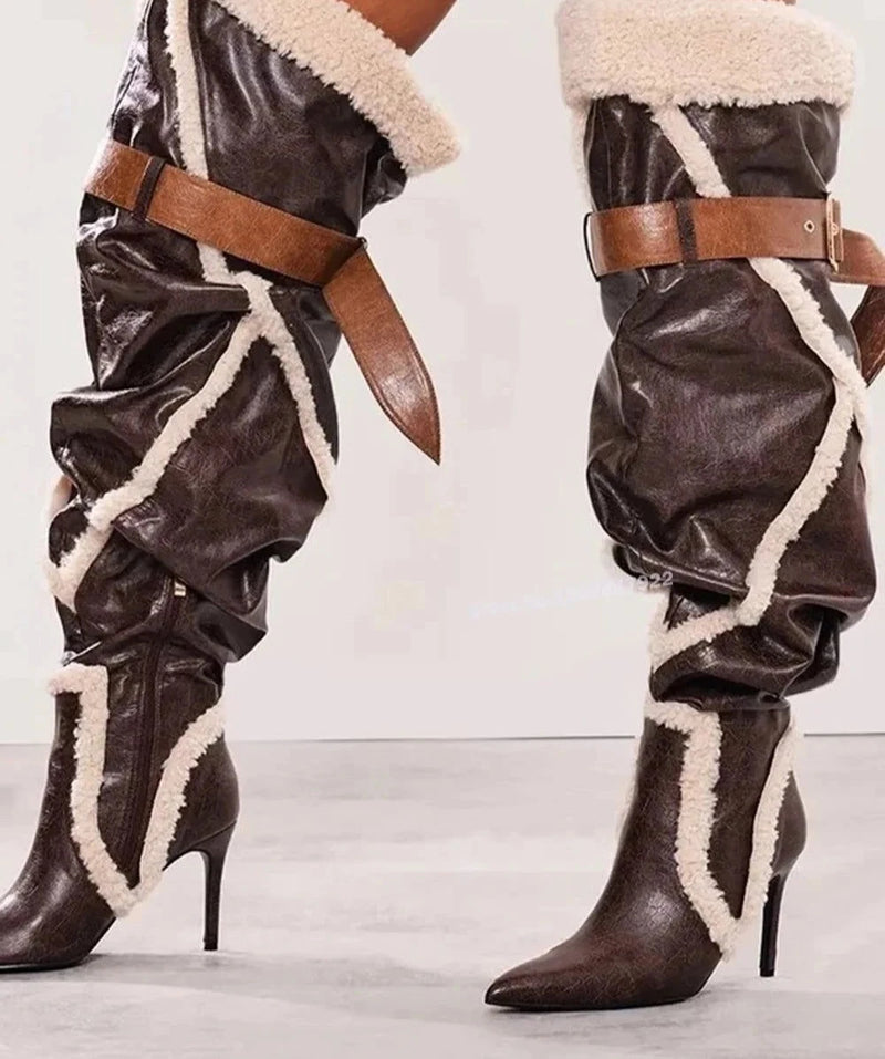 Patchwork Plush Leather Over The Knee Boots - ShopEbonyMonique