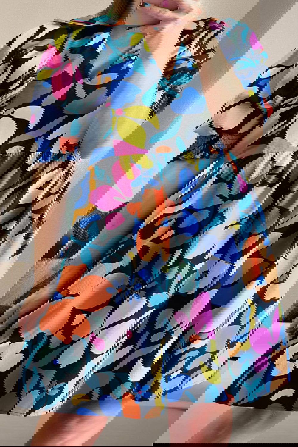 Plus Size Printed V-Neck Short Sleeve Mini Dress - ShopEbonyMonique