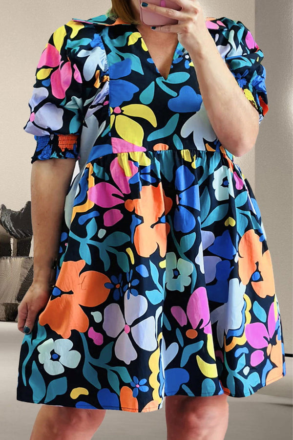 Plus Size Printed V-Neck Short Sleeve Mini Dress - ShopEbonyMonique