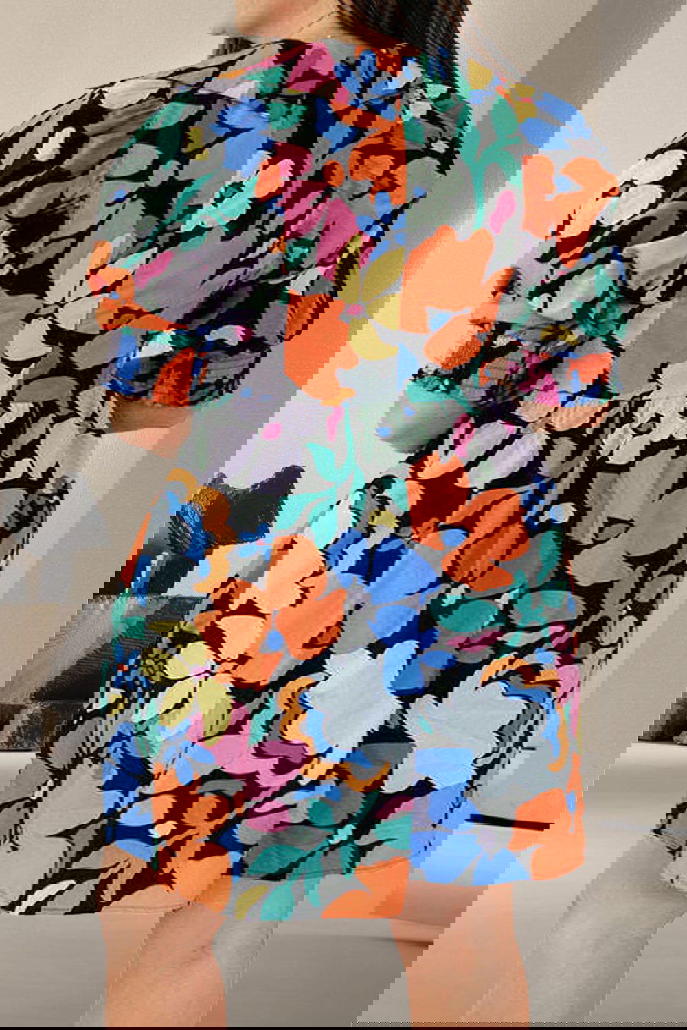 Plus Size Printed V-Neck Short Sleeve Mini Dress - ShopEbonyMonique