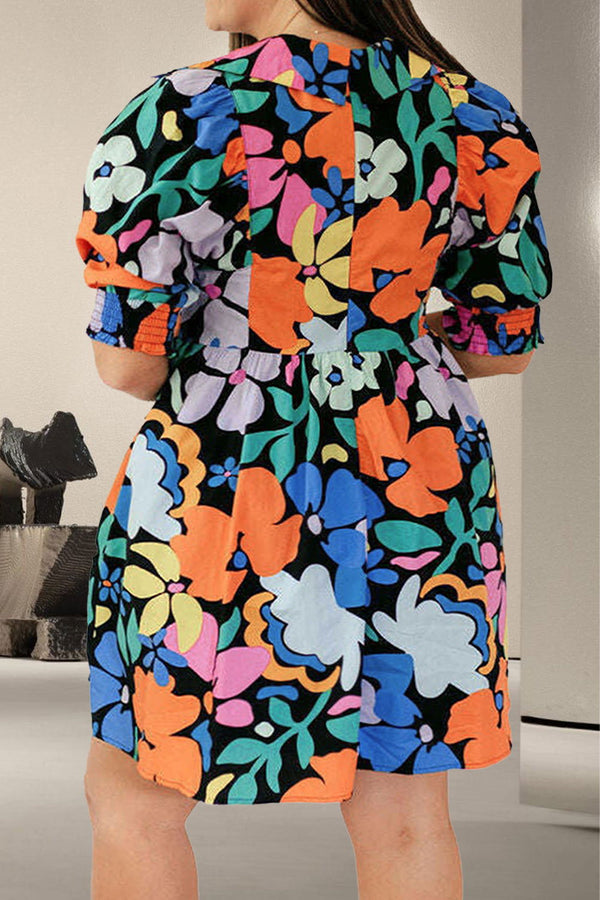 Plus Size Printed V-Neck Short Sleeve Mini Dress - ShopEbonyMonique