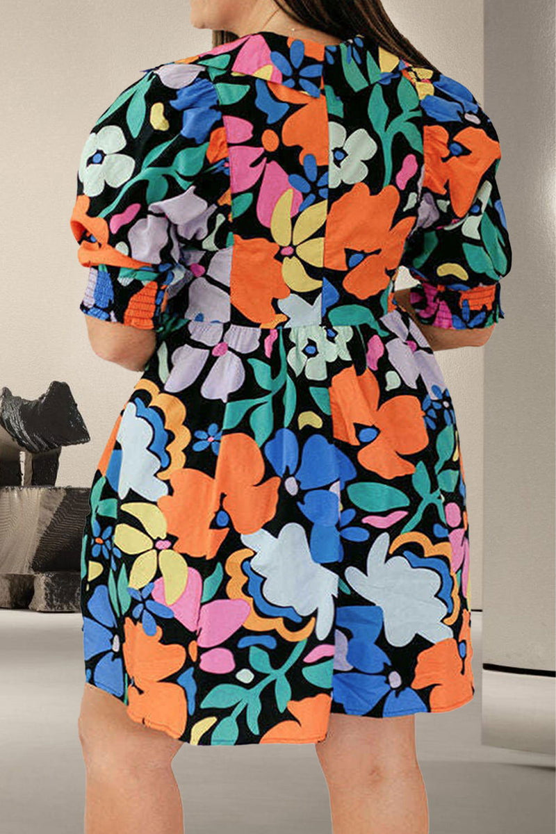 Plus Size Printed V-Neck Short Sleeve Mini Dress - ShopEbonyMonique