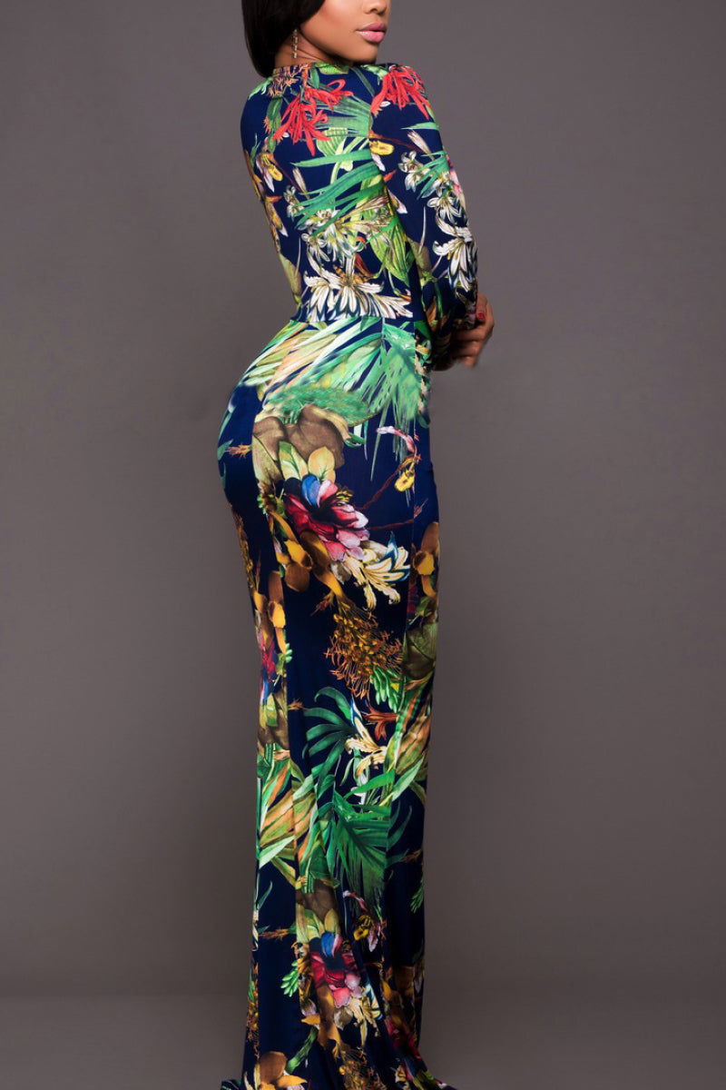 Printed Plunge Neck Leg Split Maxi Dress - ShopEbonyMonique