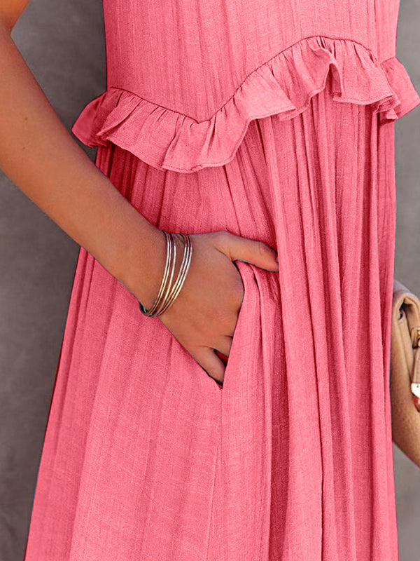 Ruffled Sleeveless Maxi Dress with Pockets - ShopEbonyMonique