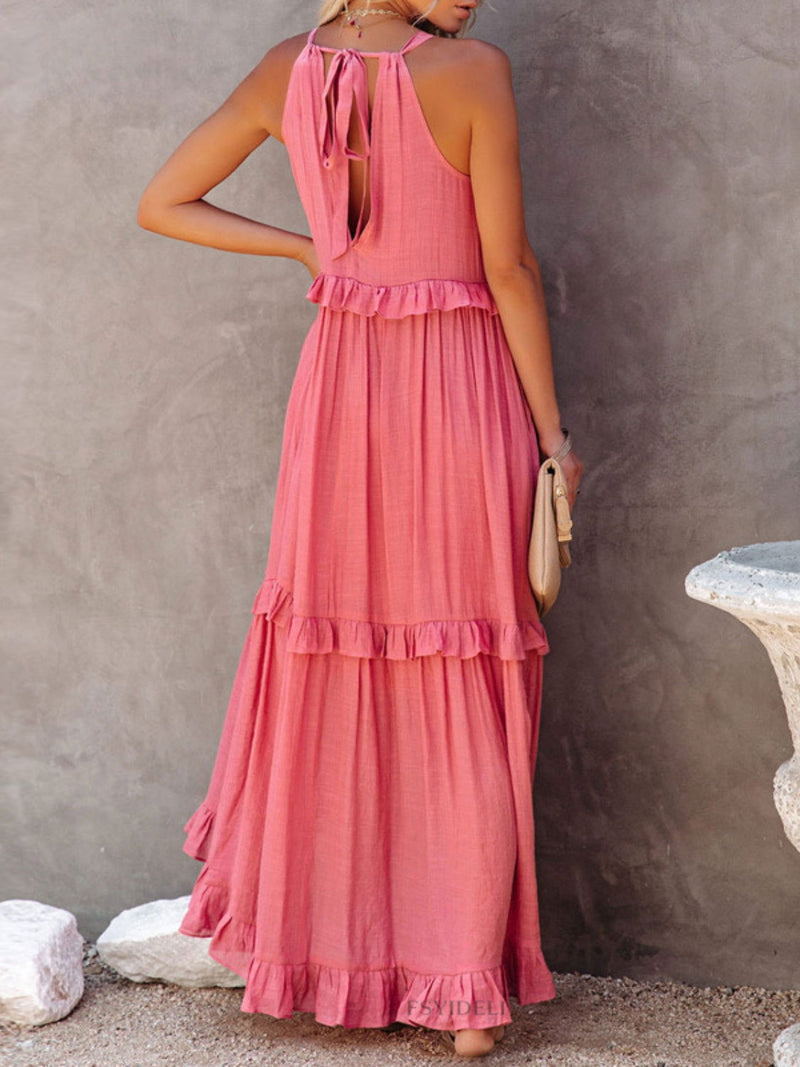 Ruffled Sleeveless Maxi Dress with Pockets - ShopEbonyMonique