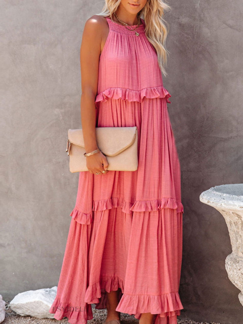 Ruffled Sleeveless Maxi Dress with Pockets - ShopEbonyMonique