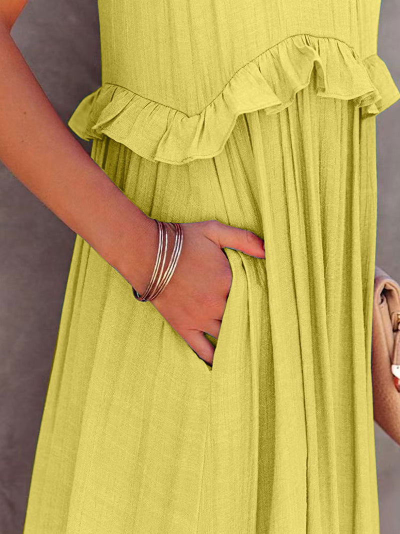 Ruffled Sleeveless Maxi Dress with Pockets - ShopEbonyMonique