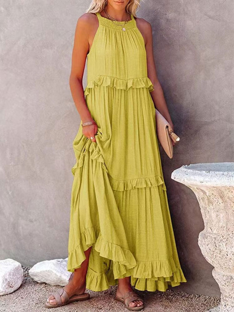 Ruffled Sleeveless Maxi Dress with Pockets - ShopEbonyMonique